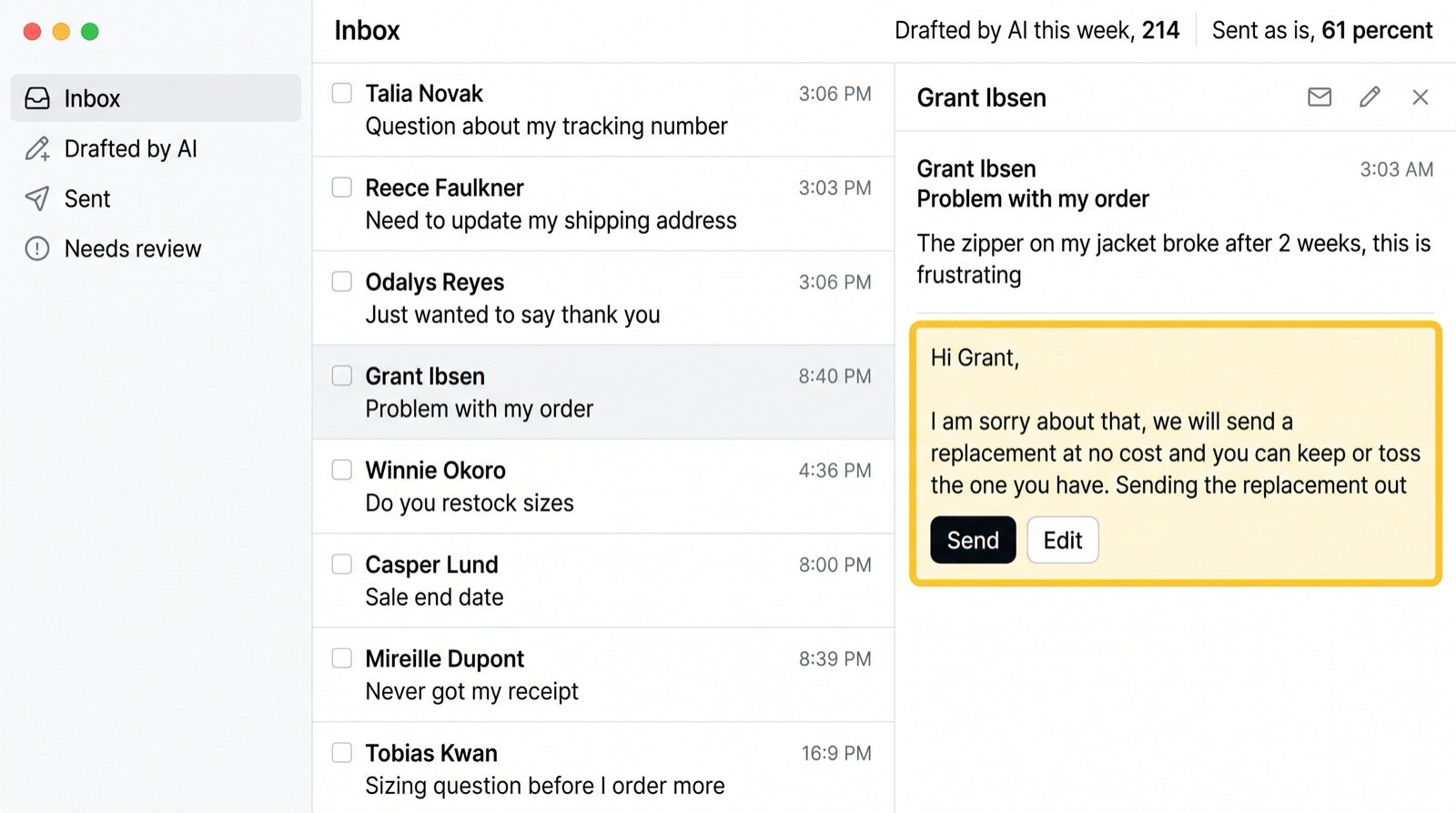 Inbox, with AI drafts waiting